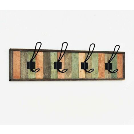 Portemanteau mural vintage en bois avec 4 crochets, noir