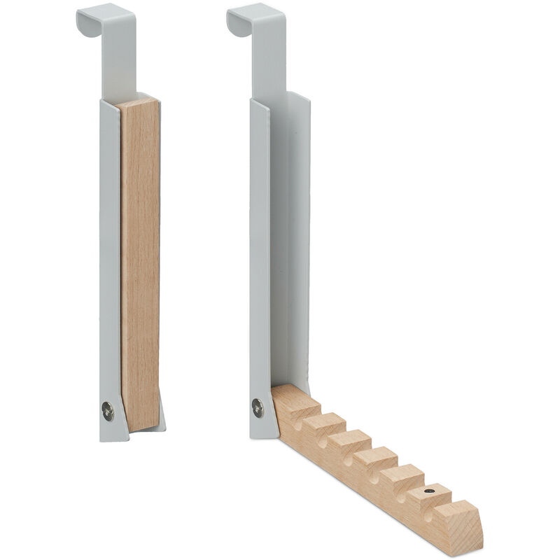 2x Portemanteaux pliables, pour porte de max 2 cm d’épaisseur, à accrocher, 6 cintres, métal et bois, gris