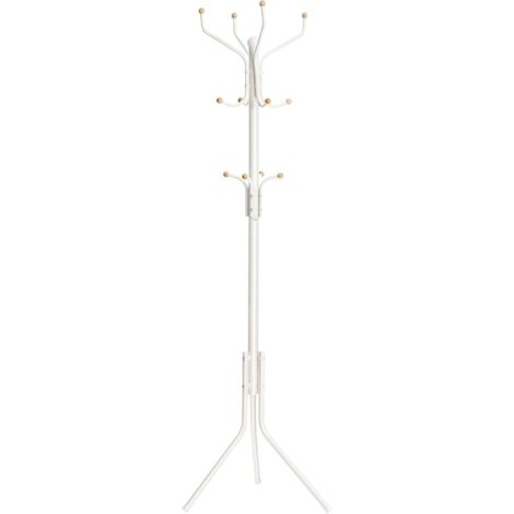 Portemanteau, Portant à vêtement d’entrée, en métal, sur pieds, 44 x 182 cm, avec 12 crochets arrondie, pour vêtements, manteaux chapeaux, sacs, Blanc