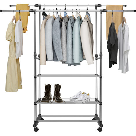 Portemanteau Sur Roulettes avec 2 tringles à vêtements-Porte Manteau Réglable En Hauteur Et Extensible Latéralement-avec Chaussures Penderie