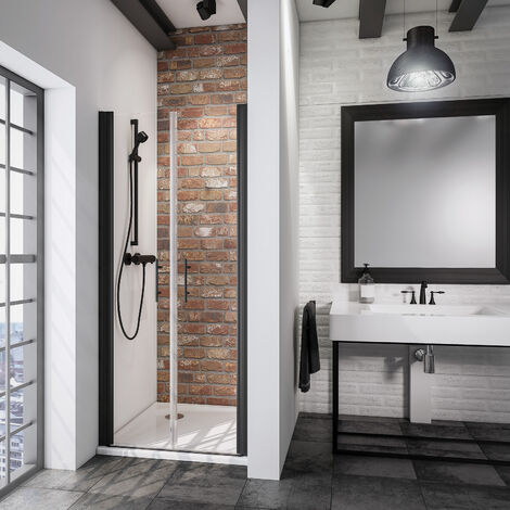 Portes de douche battantes, verre 5 mm transparent anticalcaire, style atelier industriel, profilé noir, Schulte, dimensions au choix
