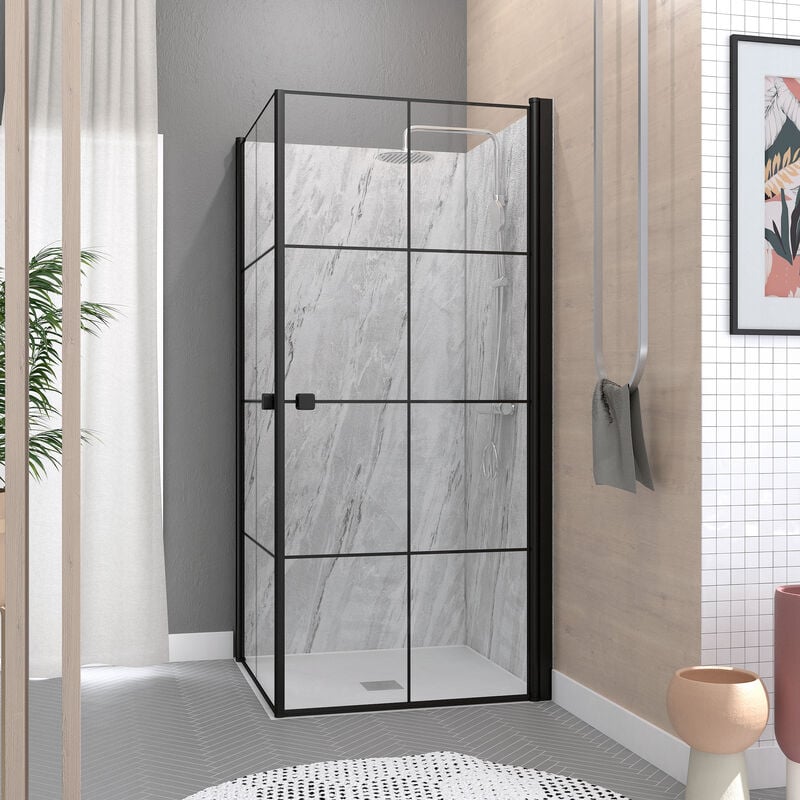 Portes de Douche en Angle 90x90x190 cm - Motifs carrés - Profilés Noir Mat - black cube