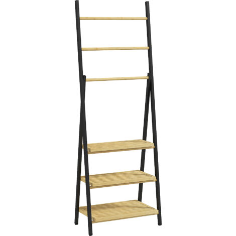 Porte,serviettes pliable avec 3 barres de suspension et 3 étagères en bambou pour salle de bain, structure en métal noir