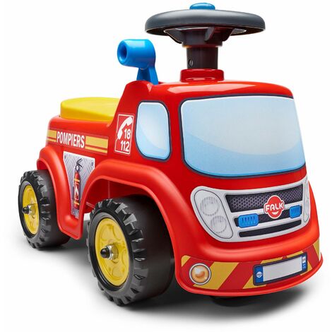Porteur pompier Sam avec assise ouvrante et volant directionnel avec klaxon, fabrication 100% française