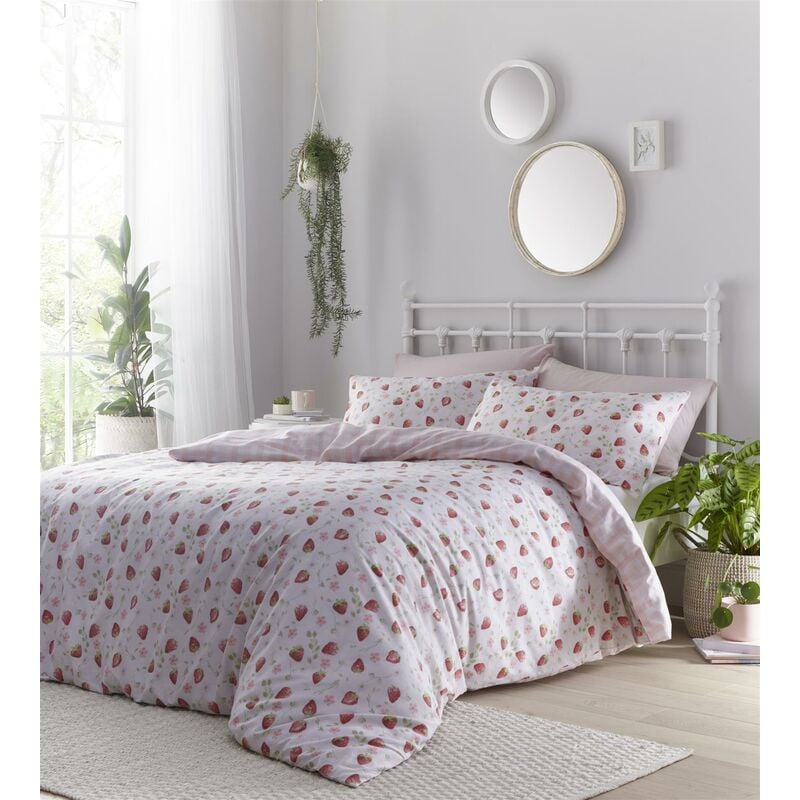 Strawberry Fields Reversible Duvet Cover Set Floral Pastel Pink Double - Portfolio Home