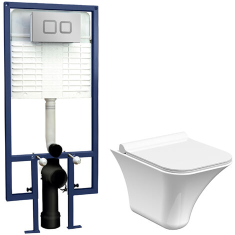 Porthill Rimless Wall Hung Toilet Pan, Soft Close Seat & Concealed Cistern with Square Push Button Plate, 355mm - Balterley