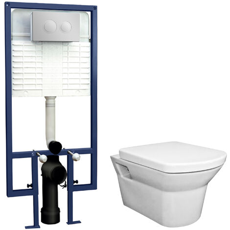 Porthill Round Wall Hung Toilet Pan, Soft Close Seat & Concealed Cistern with Round Push Button Plate, 400mm - Balterley
