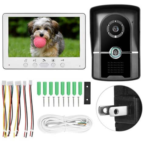 Portier vidéo 7 pouces avec écran TFT, vision nocturne infrarouge, sonnette et interphone filaire, alimentation large 110-240V
