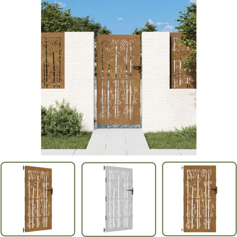 The Living Store Portail de jardin 85x175 cm acier corten design de bambou - Portails De Jardin - Portillon Métal - Porte D'entrée Extérieur