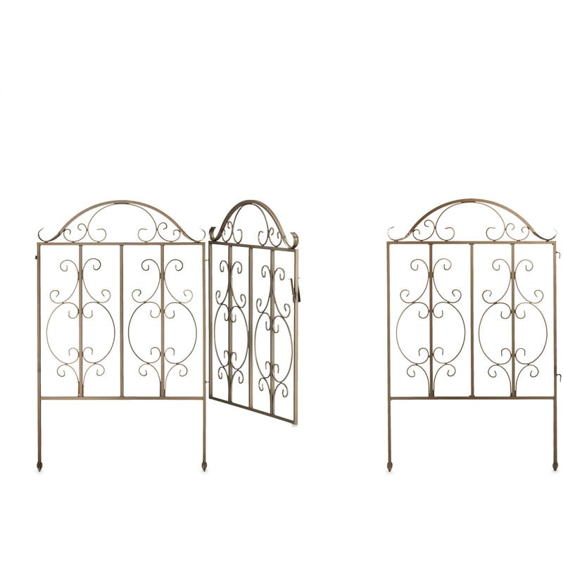 Portillon de jardin, 3 pièces, acier, porte avec ornements, 2 éléments de clôture, HxL : 98,5 x 185 cm, bronze - Relaxdays
