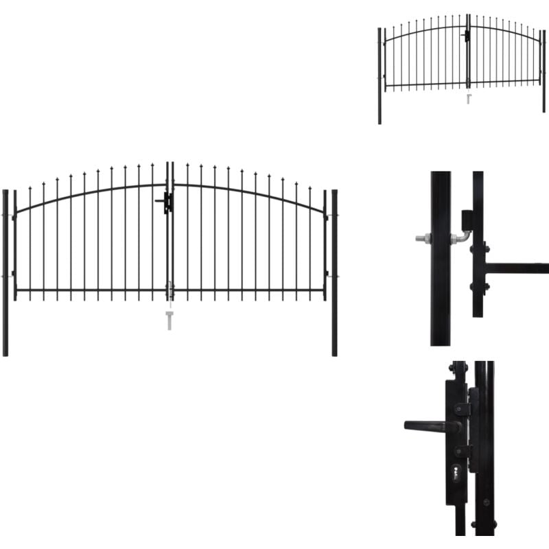 Portillon double porte avec dessus à pointe Acier 3x1,25 m Noir - Portail De Jardin - Portillon - Clôture - Portail Aluminium - Barriere Jardin