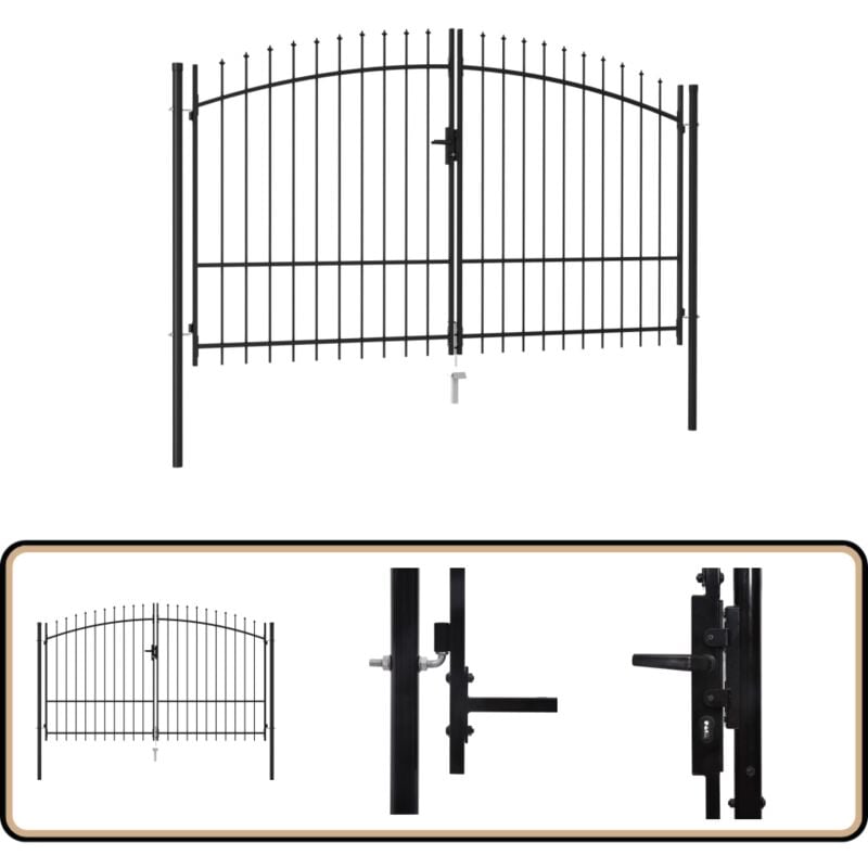 Portillon double porte avec dessus à pointe Acier 3x1,75 m Noir - Portail De Jardin - Portillon Aluminium - Clôture Moderne - Barriere Jardin