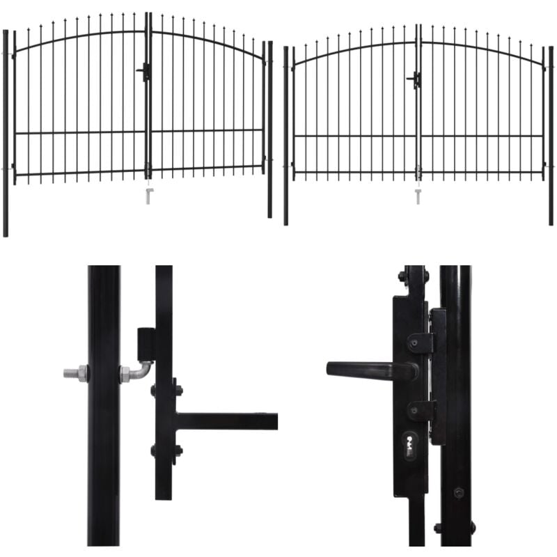 Portillon double porte avec dessus à pointe Acier 3x1,75 m Noir - Portail De Jardin - Portillon Aluminium - Clôture Moderne - Barriere Jardin