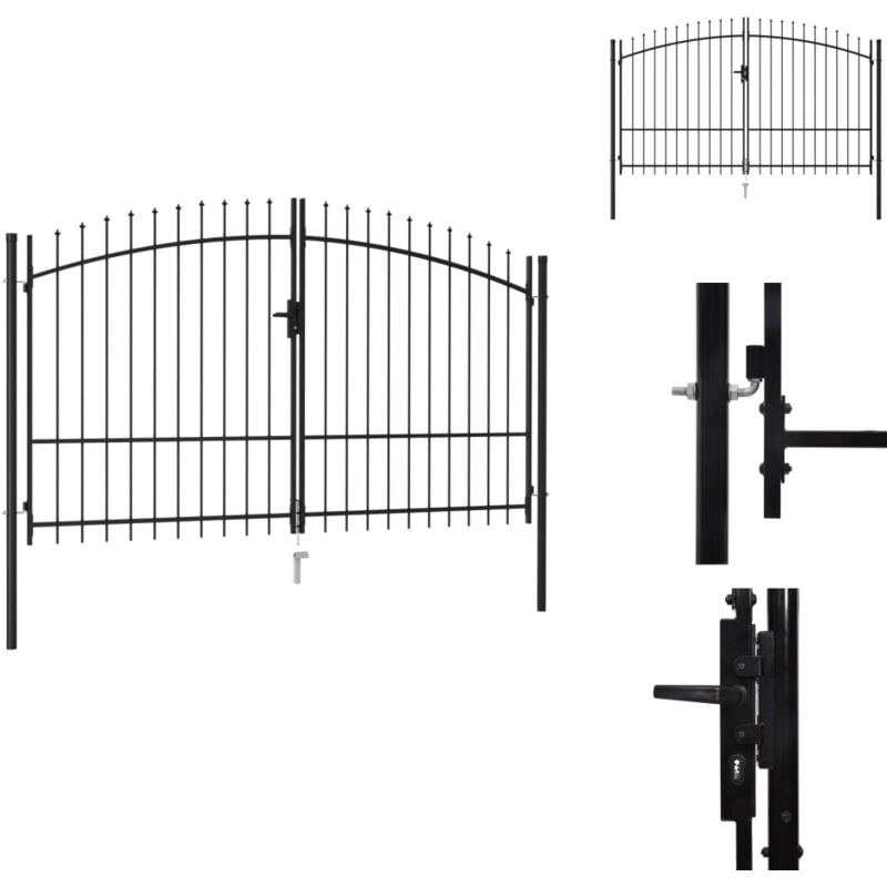 Portillon double porte avec dessus à pointe Acier 3x1,75 m Noir - Portail De Jardin - Portillon Aluminium - Clôture Moderne - Barriere Jardin