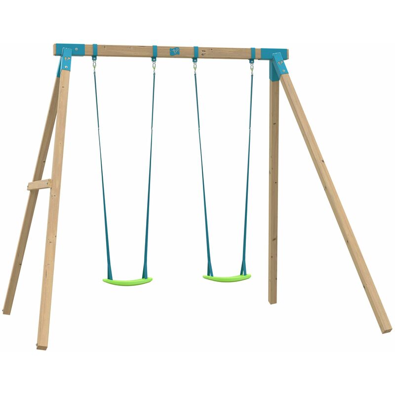 Portique acacia Tp Toys bois carre 2 balancoires / kit d'ancrage h.243 cm - marron - bleu - vert