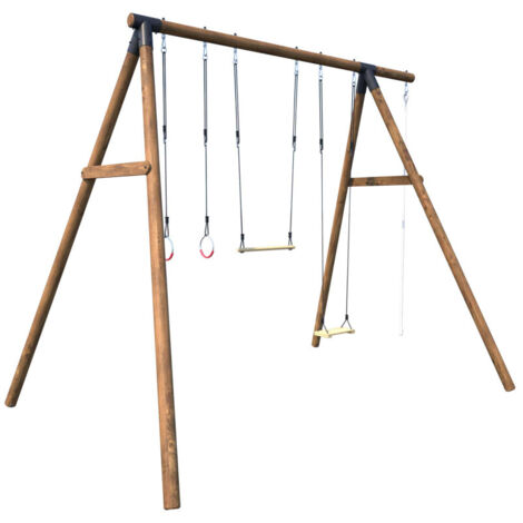 M&S – Portique en bois traité classe IV 4 agrès – Balançoire, trapèze, corde lisse, anneaux – Dimensions 403x281x330cm – Pour adolescents 14 ans+