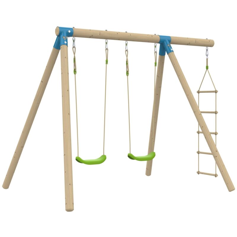 Portique AMANDIER 2 balançoires - échelle corde - kit d'ancrage - bois FSC® h190 cm