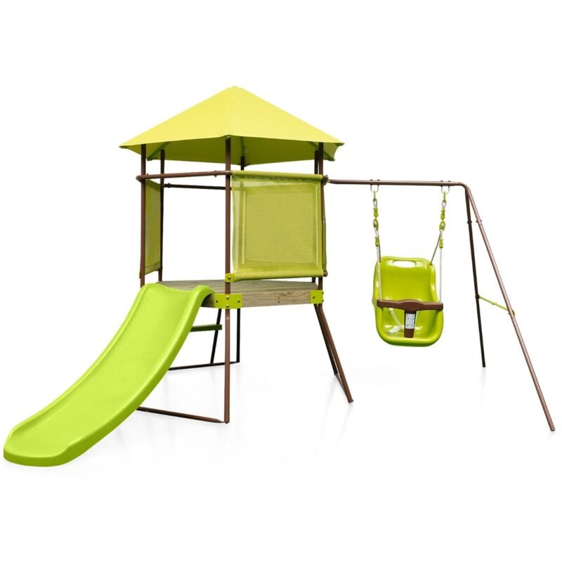 Design In - Portique Balançoire 4 en 1 Enfants Aire de Jeu Métal Cabane Couverte Siège Bébé Réglable Toboggan Échelle Vert CW55419