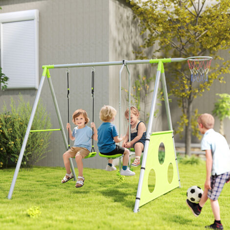 Portique balancoire enfant 4 en 1 avec sièges et face à face. panier de basket-ball et but de football. charge 135 kg