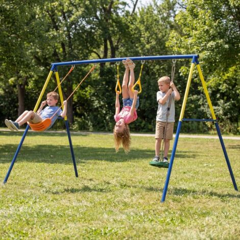 Portique Balancoire Exterieur Enfants 3-en-1, Siège de Balancelle, 2 Anneaux Gymnastique et Balançoire à Disque