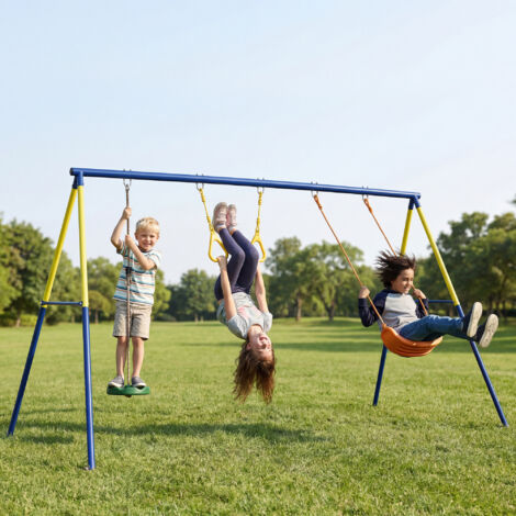 Portique Balancoire Exterieur Enfants 3-en-1. Siège de Balancelle. 2 Anneaux Gymnastique et Balançoire à Disque