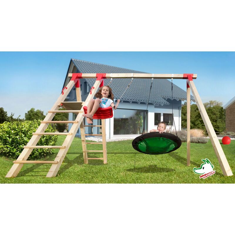Weka - Portique Tabaluga balançoire en bois, double avec plateforme et nid d'oiseau