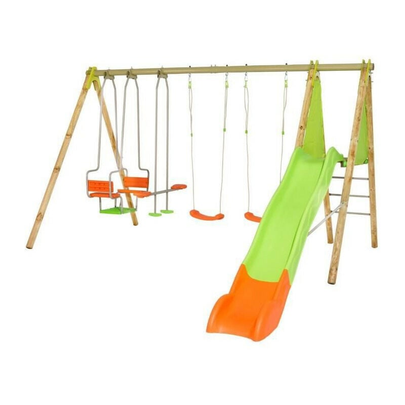 Trigano - Portique bois et métal - 2,30m - 2 balançoires, 1 face a face, 1 nacelle et 1 toboggan 2,63m - kahuna