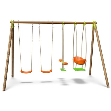 Portique bois métal 2,30m, balançoires, face à face, nacelle pour 6 enfants