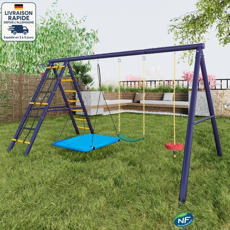 Modfu - Portique de jardin pour enfants, 3 balançoires, panier de basket et portique d'escalade, aire de jeux extérieure, métal, bleu marine