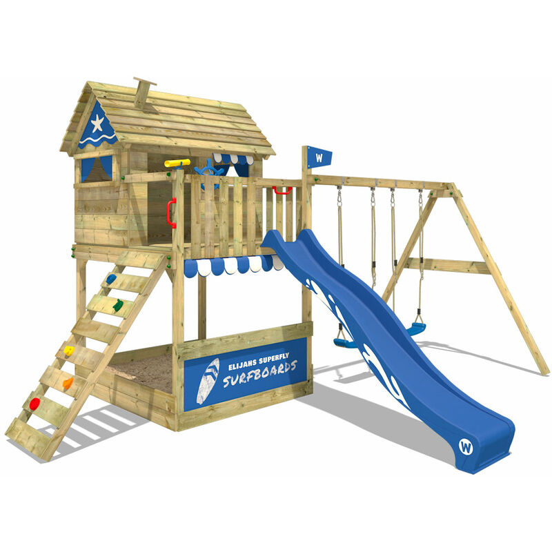 Aire de jeux Portique bois Smart Seaside avec balançoire et toboggan bleu Maison enfant sur pilotis avec bac à sable, échelle d'escalade &