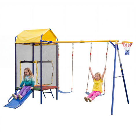 Portique de jeux multifonctionnel d'extérieur, tour de jeux pour enfants avec trampoline, balançoire et toboggan – Équipement de jeu multifonctionnel pour le jardin, avec filet de sécurité, panier de 