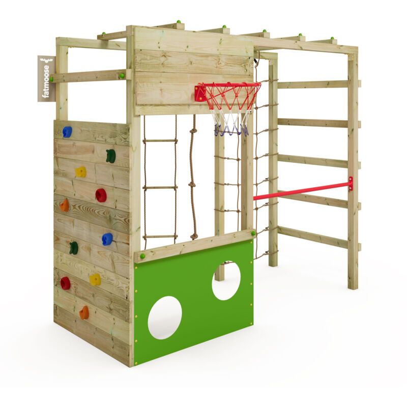 Aire de jeux Portique bois CleverClimber Échafaudage grimpant avec bac à sable, mur d'escalade & accessoires de jeux - Fatmoose