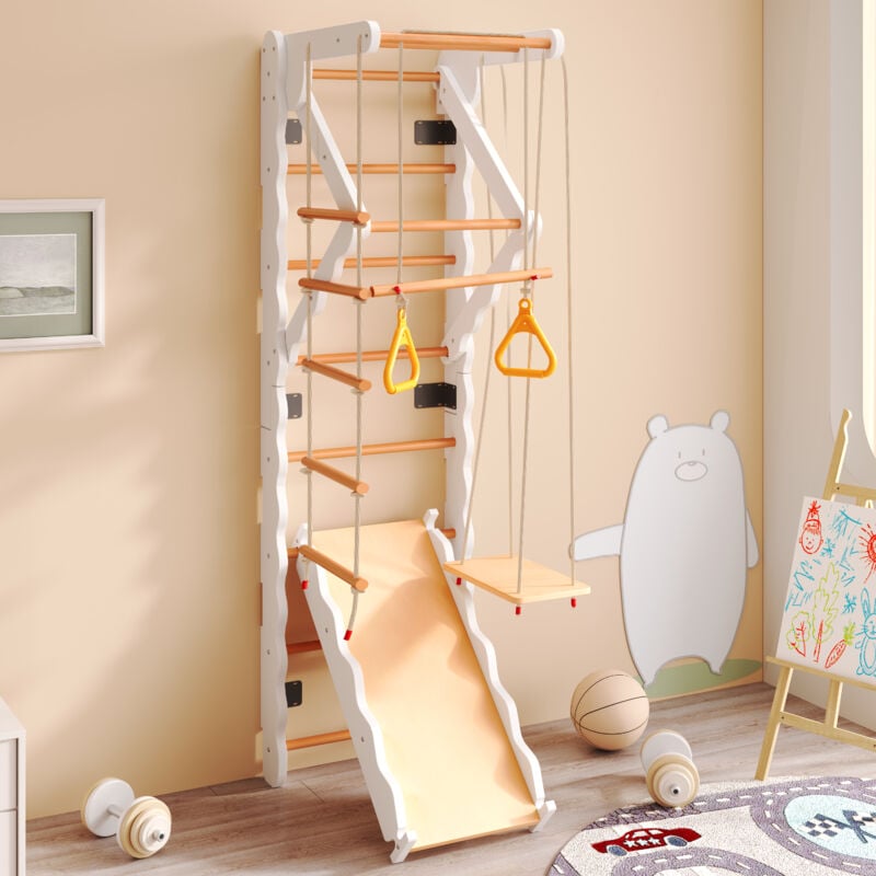 Portique d'escalade multifonction 6 en 1, jeu de divertissement pour enfants, toboggan,balançoire 60x60x199cm, blanc+naturelle