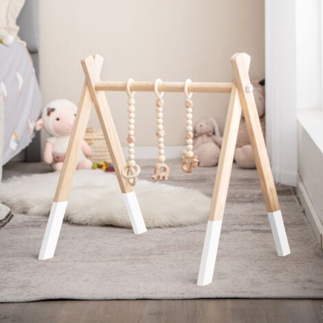 Portique d'Eveil en Bois pour Bébé Plus 3 Mois avec 3pcs Pendentifs sans BPA Forme Triangulaire 59x45x60CM Blanc