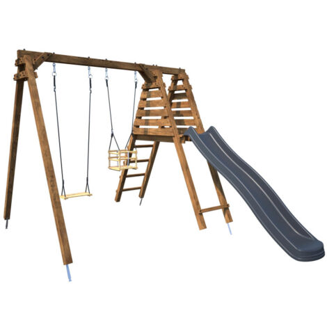 M&S – Portique en bois carré 2 agrès avec balançoire bébé et toboggan – Dimensions 351x261x224 cm – Traitement autoclave classe 4 – Sécurisé pour enfants