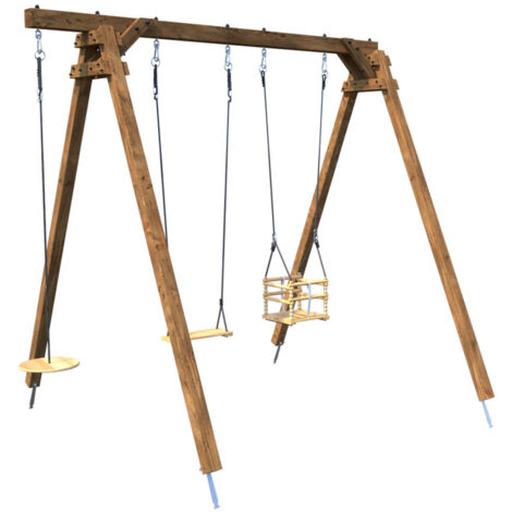 Portique en bois carré 3 agrès avec balançoire bébé et corde disque ULYSSE