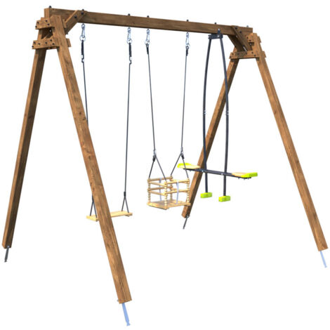 Portique en bois carré 3 agrès avec balançoire bébé et face à face PIERRE