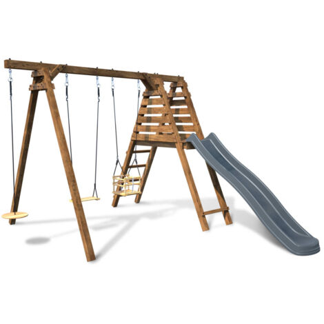 M&S – Portique en bois carré 3 agrès balançoire bébé – Siège bébé sécurisé avec perles – Toboggan en plastique recyclé – Structure en bois certifié PEFC