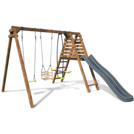 Soulet – Balançoire en bois avec toboggan – 3 agrès – Dimensions 351x291x224 cm – Traitée autoclave classe 4 – Pour enfants de 3 à 12 ans