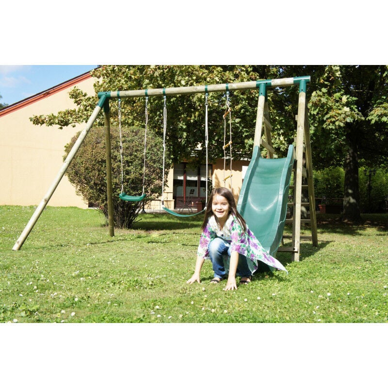 Chalet&jardin - Portique navajos - Toboggan + 2 balancoires + 1 echelle - Tissu vert