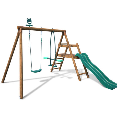 M&S – Portique en bois rond 2 agrès – Balançoire simple et face-à-face – Bois traité autoclave classe 4 – Dimensions L283 x l282 x H195 cm