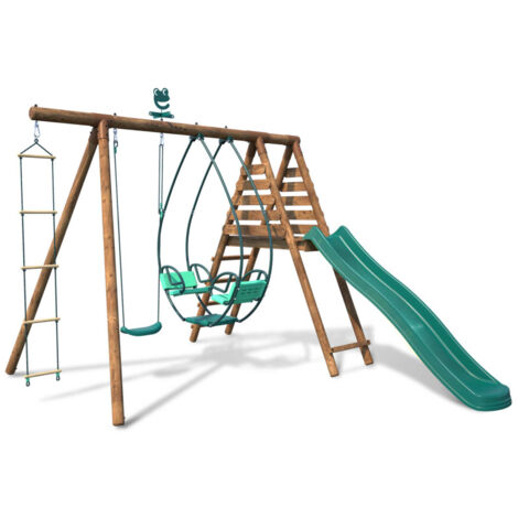 M&S – Portique en bois rond 3 agrès – Échelle robuste et toboggan sécurisé – Bois traité autoclave classe 4 – Dimensions L 354 x l 295 x H 222 cm