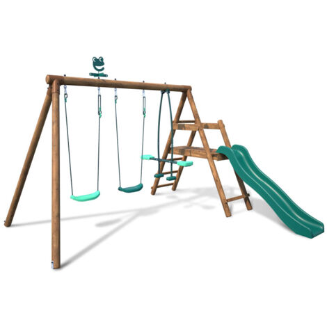 M&S – Portique bois 3,12 m – 2 balançoires et vis-à-vis – Toboggan à doubles vagues – Structure en bois traité autoclave classe 4