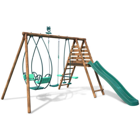 Portique en bois rond 3 agrès avec face à face et toboggan NIGEL