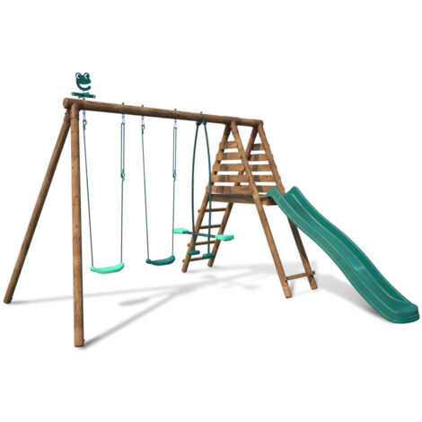 Soulet – Portique en bois rond 3 agrès avec toboggan 120 cm – Hauteur 246 cm – Structure en bois traité autoclave classe 4 – Pour 5 enfants