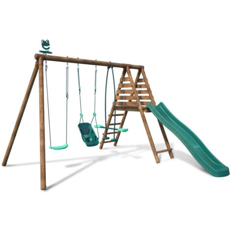 M&S Balançoire en bois traité 3 agrès et toboggan Tulipe