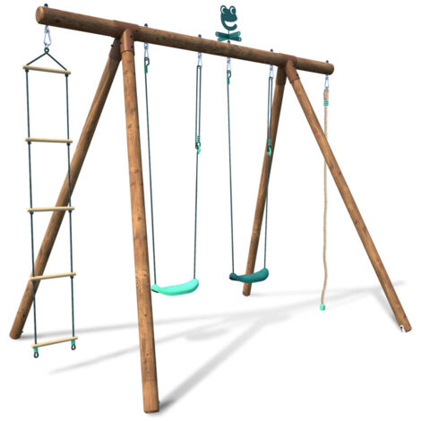 M&S – Portique en bois traité autoclave IV 4 agrès – 2 balançoires, échelle et corde – Dimensions 276x189x222 cm – Pour enfants 3-12 ans