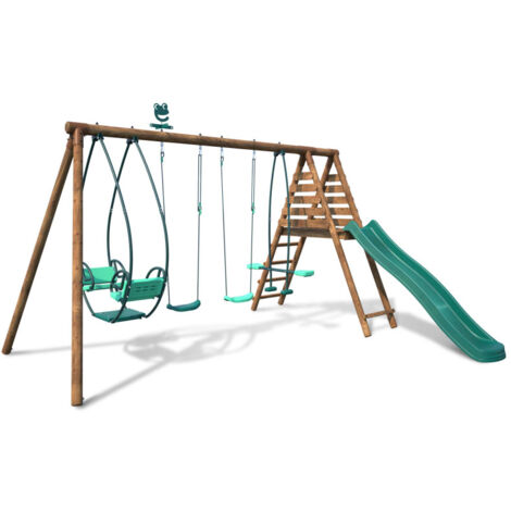 M&S – Portique en bois traité classe IV 4 agrès – Toboggan 2,20 m – Convient à 5 enfants – Dimensions L. 3,94 m x P. 3,54 m x H. 2,22 m