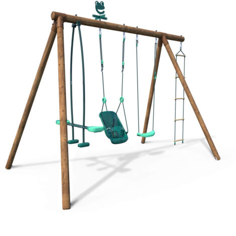 Soulet – Portique en bois rond 4 agrès balançoire bébé – Bois traité autoclave classe 4 – Hauteur 2,22m – Dimensions L318 x l189cm