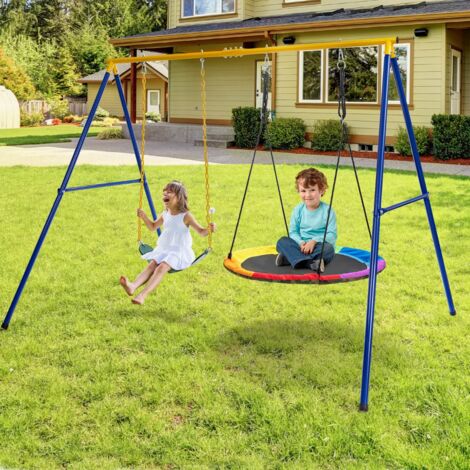 Portique Métal 249 x 185 x 181,5 cm avec Piquets d’Ancrage Mousquetons Charge Max 300KG Pour 2 Balançoires (Non Inclus) Maison Chic